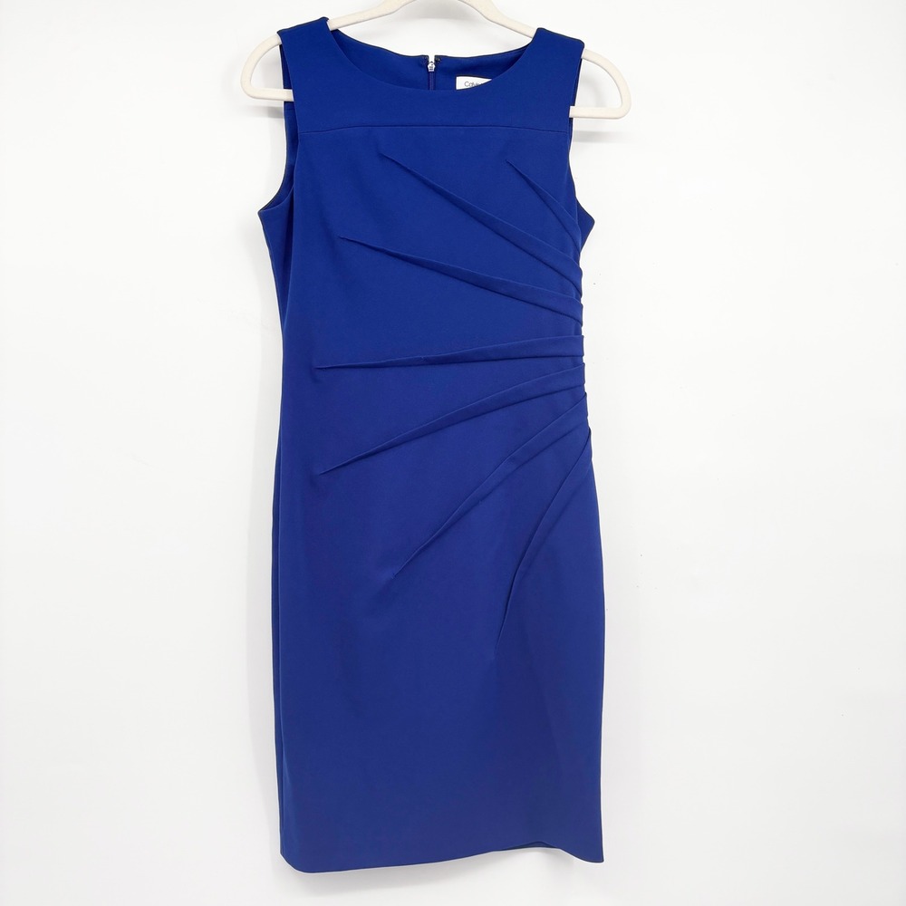 Calvin Klein Women Cobalt Blue Sunburst Pleat Sheath Cocktail Career Dress 4